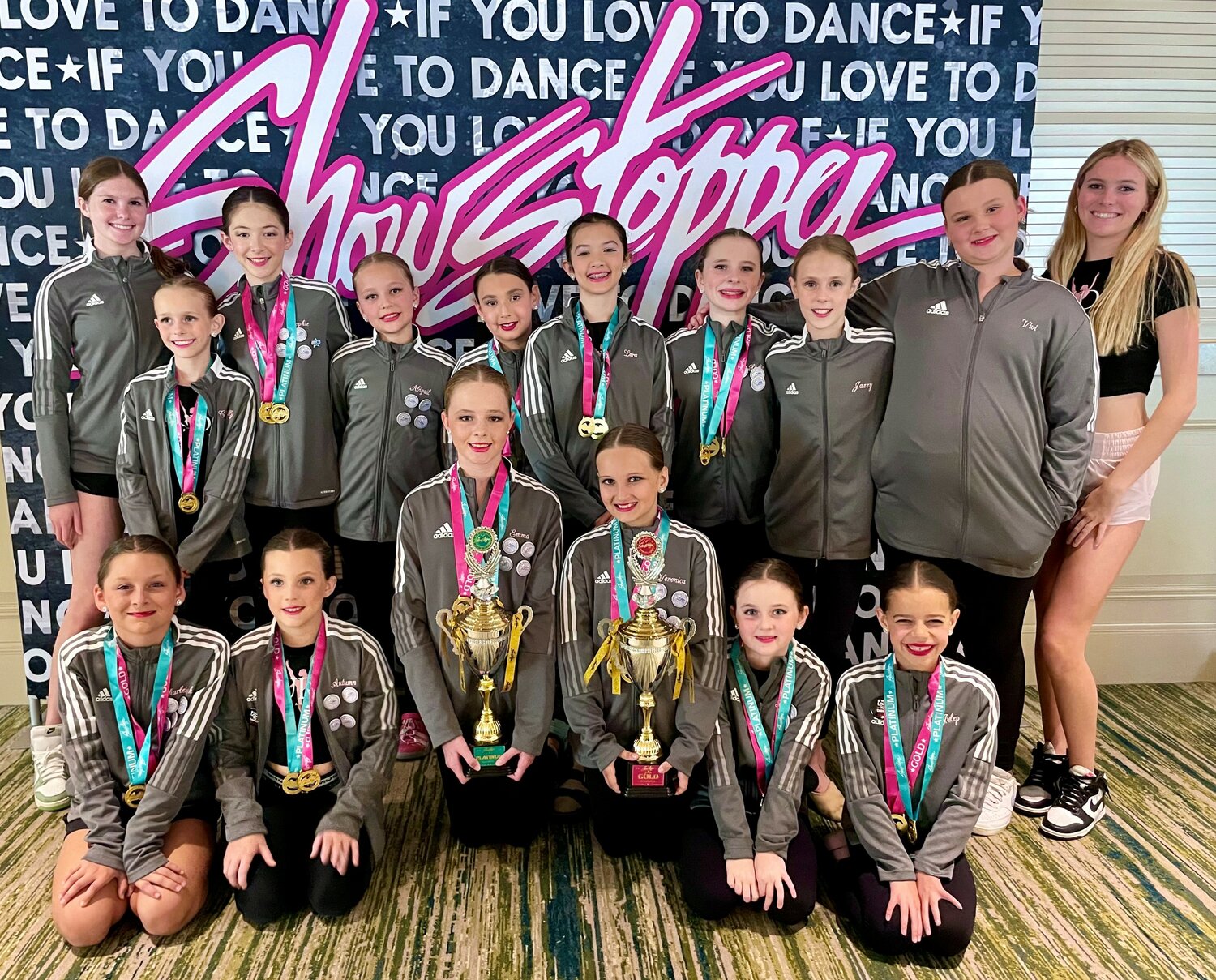 Fifth and Sixth Place Overall Junior Large Group winners in the Showstoppers competition in Orlando are pictured. Front row: Charleigh, Autumn, Emma, Veronica, Scarlett and Julep; back row: Madison Hughes, Chantilly, Sophie, Abigail, Tori, Lara, Sadie, Jazzy, Vivian and Reilly Hughes.